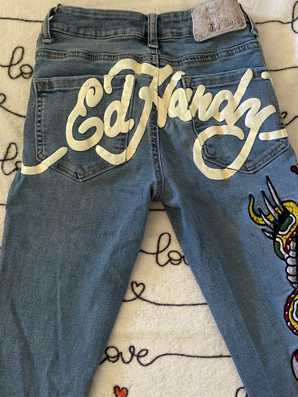 Ed Hardy Light Blue Jeans with Script Back & Skull Embroidery